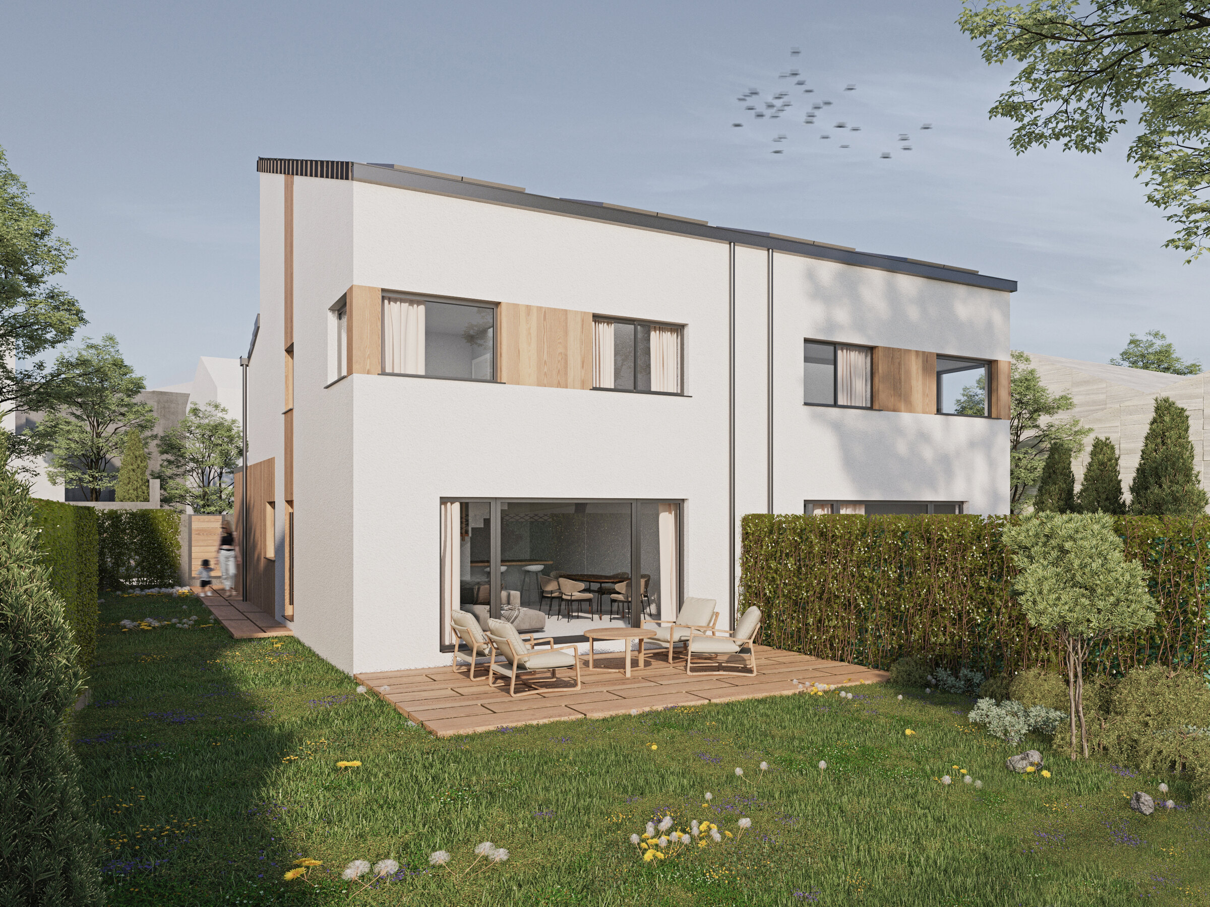 Render del proyecto SunsetHaus visto desde el jardín posterior, con la fachada blanca, madera y solárium