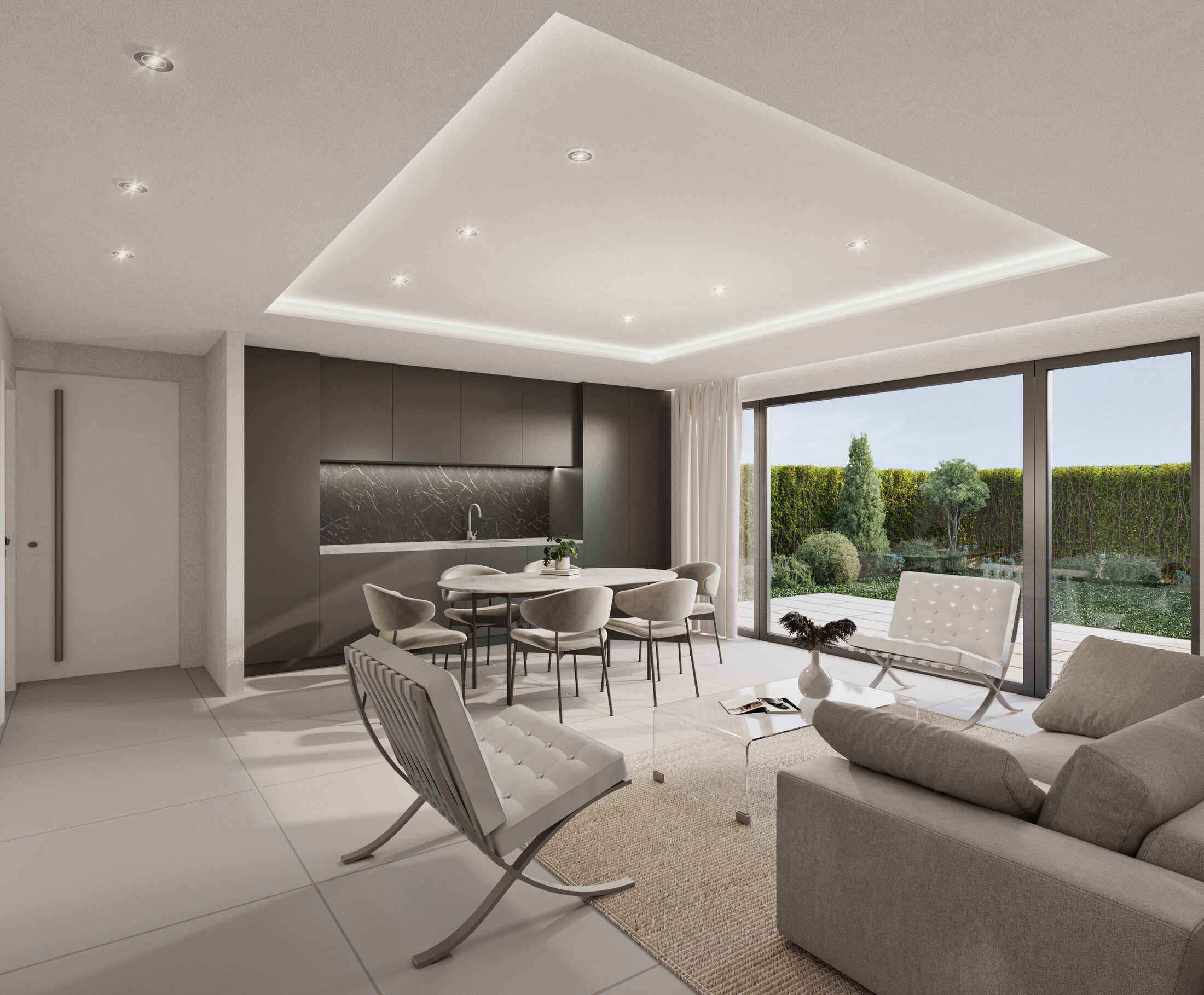 Render interior cocina abierta al salón con grandes ventanales al jardín