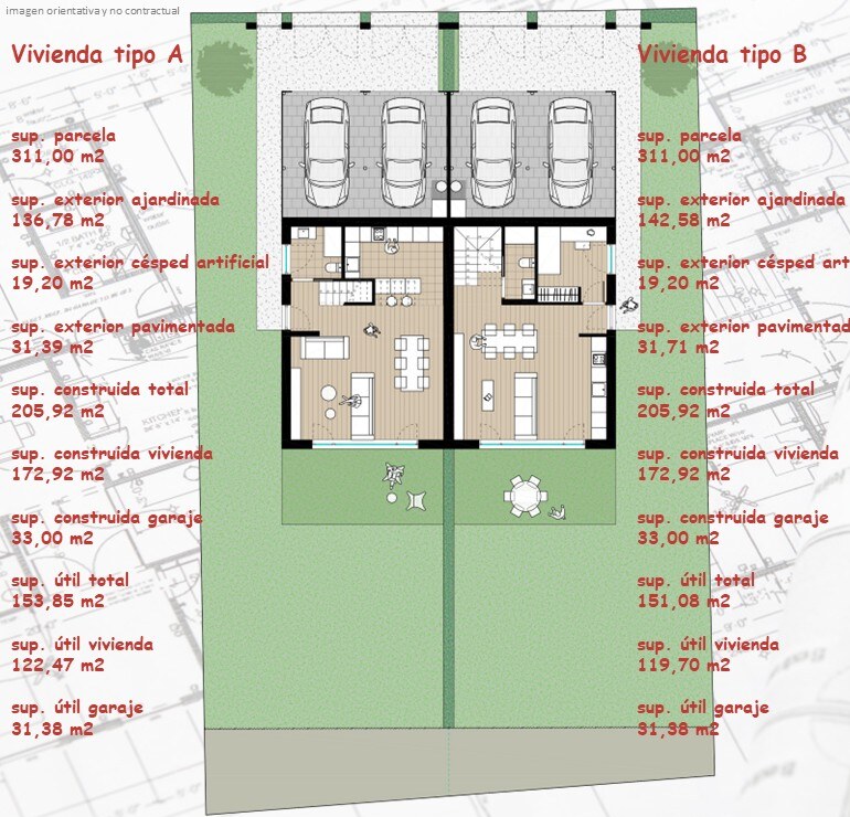 Planos comparativos de las viviendas A y B en planta baja, con superficies útiles y construidas