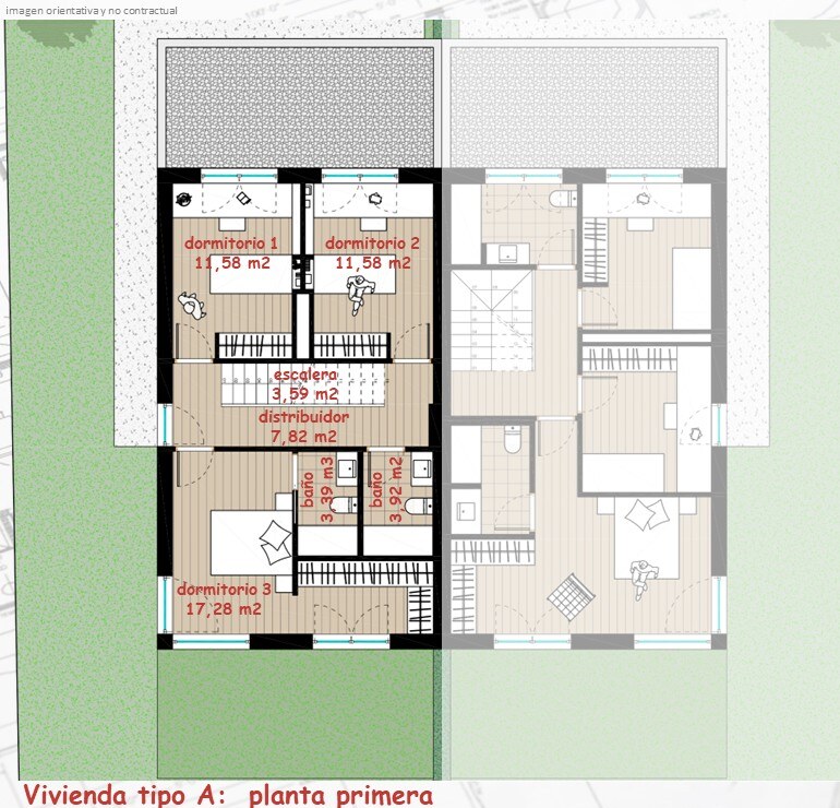 Plano de planta primera con cuatro dormitorios, dos baños y distribuidor