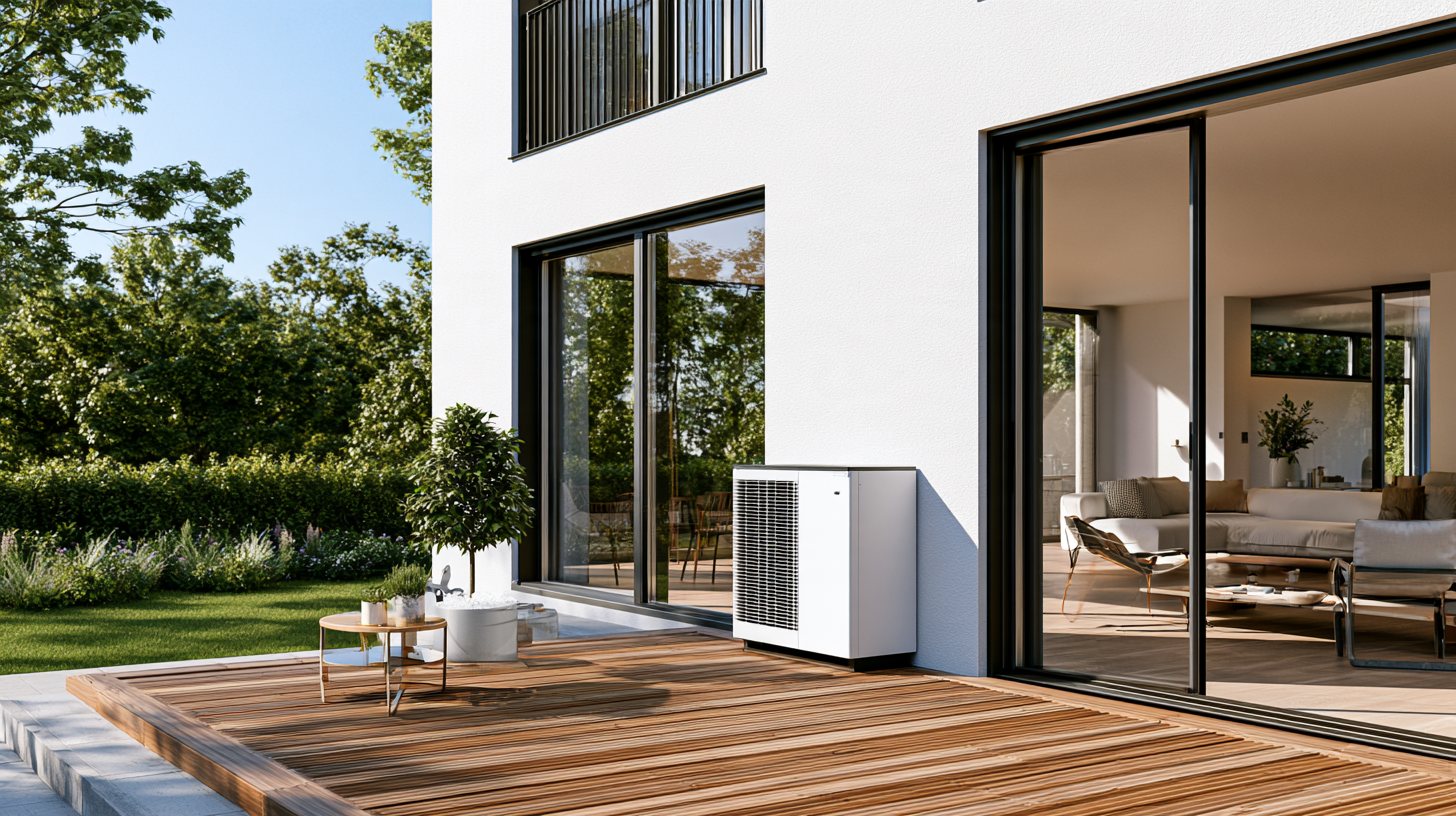 Unidad de aerotermia en la terraza soleada de una vivienda moderna con jardín y cielo azul.