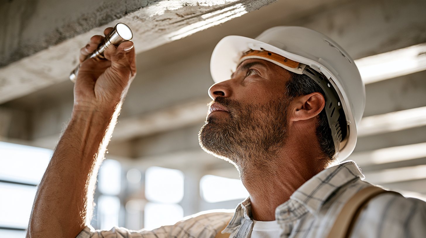 Un arquitecto con casco inspecciona con una linterna las vigas del techo de una vivienda, con luz natural.