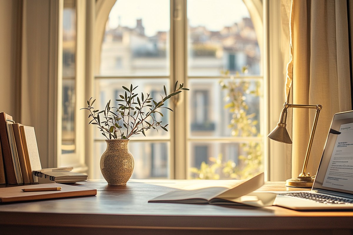 Escritorio de madera junto a ventana arqueada con luz natural, ambiente de despacho técnico en Pamplona