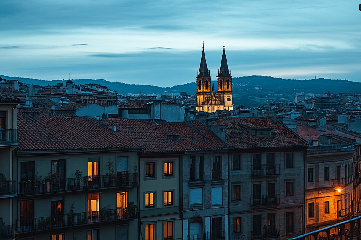 Vista panorámica al atardecer de Pamplona, con la silueta de la ciudad antigua y luces que se encienden