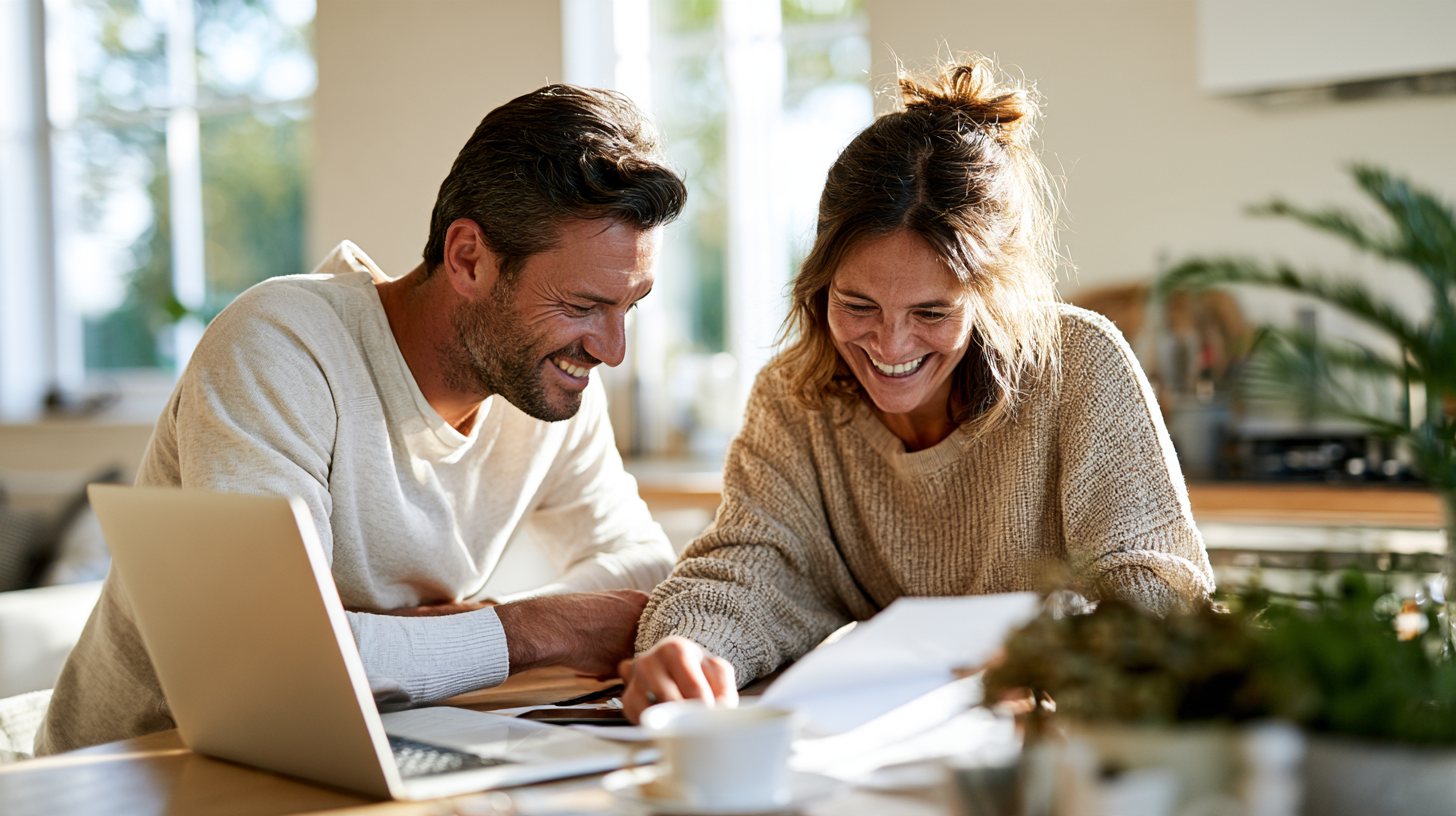 Pareja joven y sonriente revisando las cuentas de casa con un portátil en una mesa soleada.