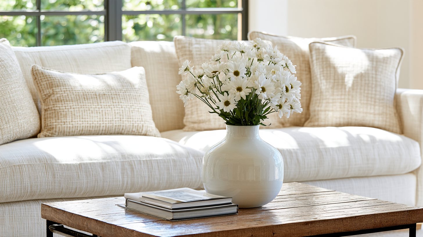 Salón preparado para una sesión de fotos de venta, con flores frescas y mucha luz natural.