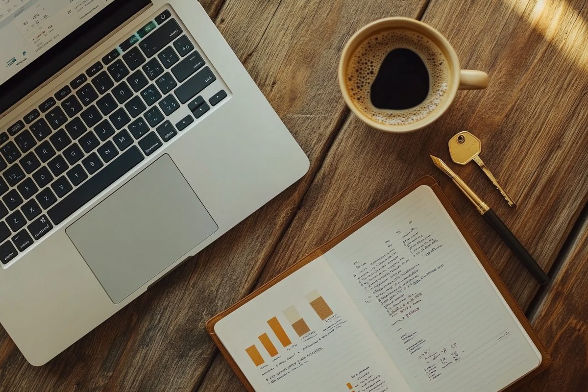 Escritorio con portátil mostrando gráficos de datos de alquiler en Pamplona