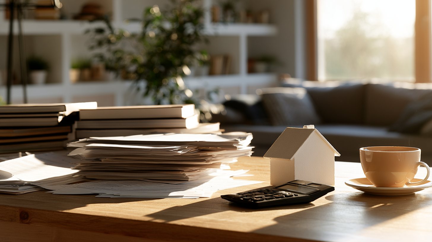 Escritorio iluminado por el sol con documentos, una calculadora, una pequeña casa de maqueta y una taza de café.