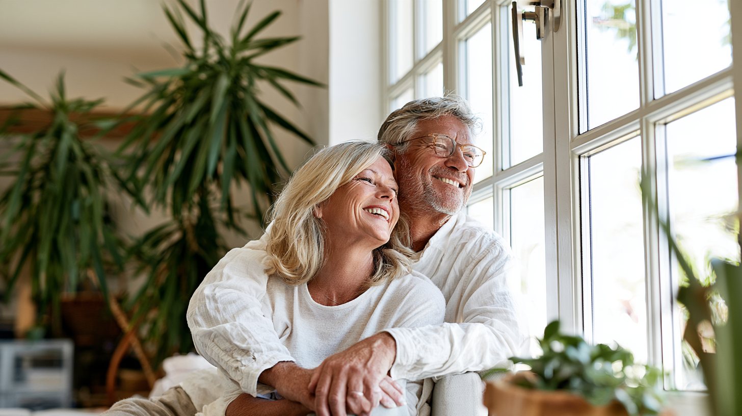 Pareja mayor sonriente y abrazada junto a un gran ventanal luminoso de su casa, con plantas.