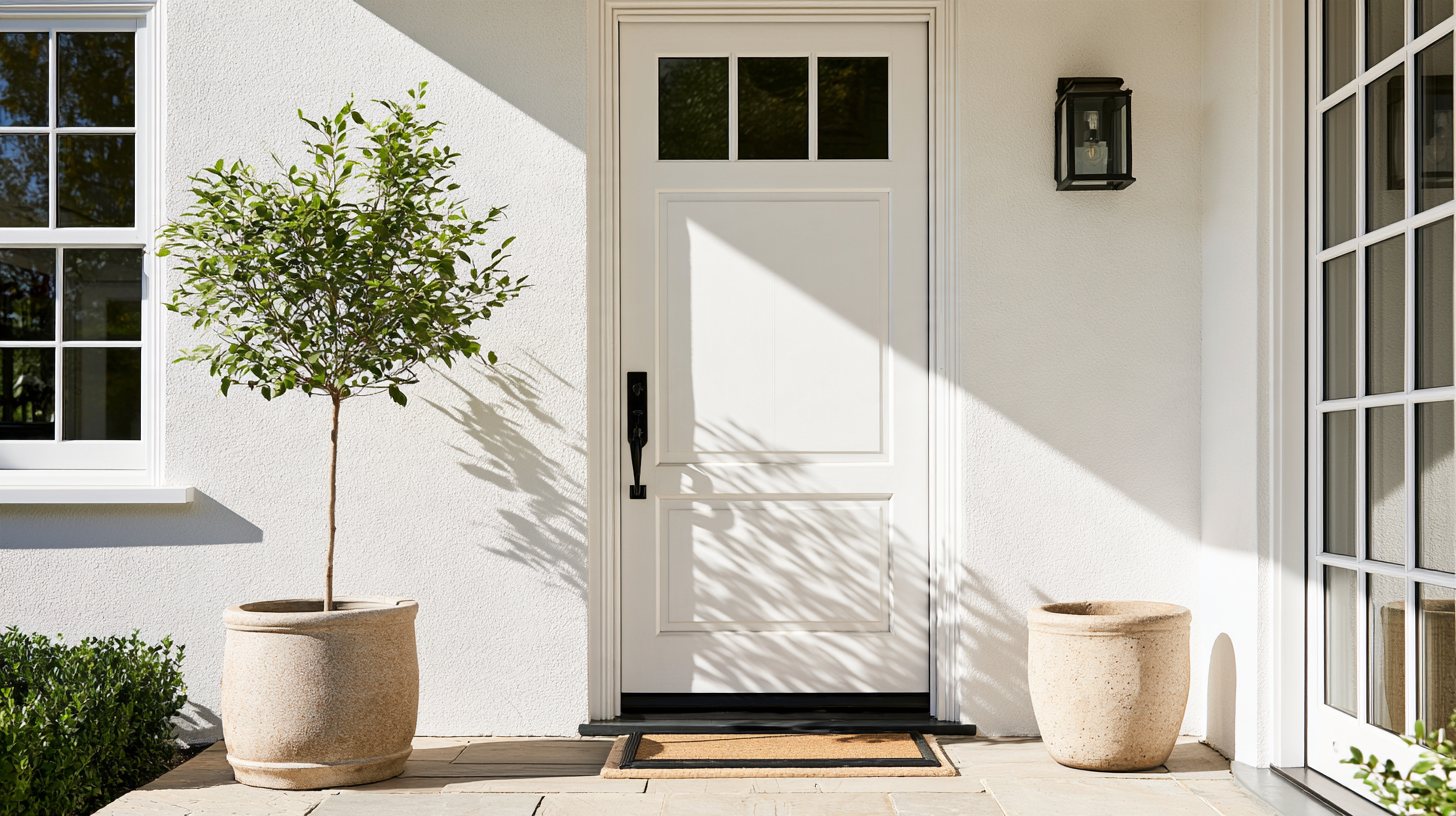 Entrada de una vivienda cuidada, con una puerta sólida, un felpudo y plantas, bajo el sol.