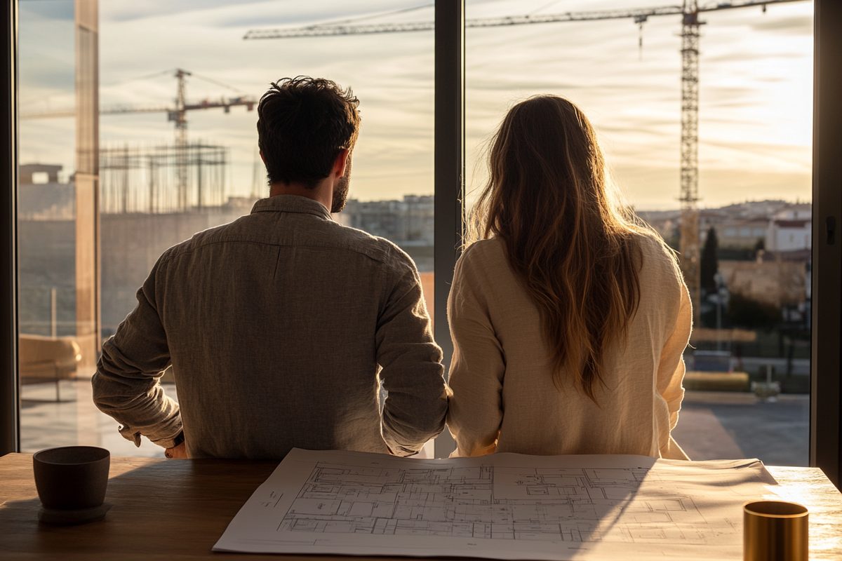 Una pareja revisa un plano del PSIS de Arrosadia en una mesa con ventana al campus de la UPNA