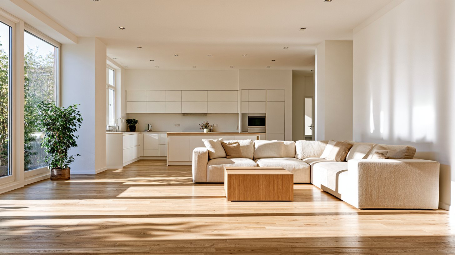 Salón y cocina diáfanos tras unir dos espacios, amplios y luminosos, con suelo de madera.