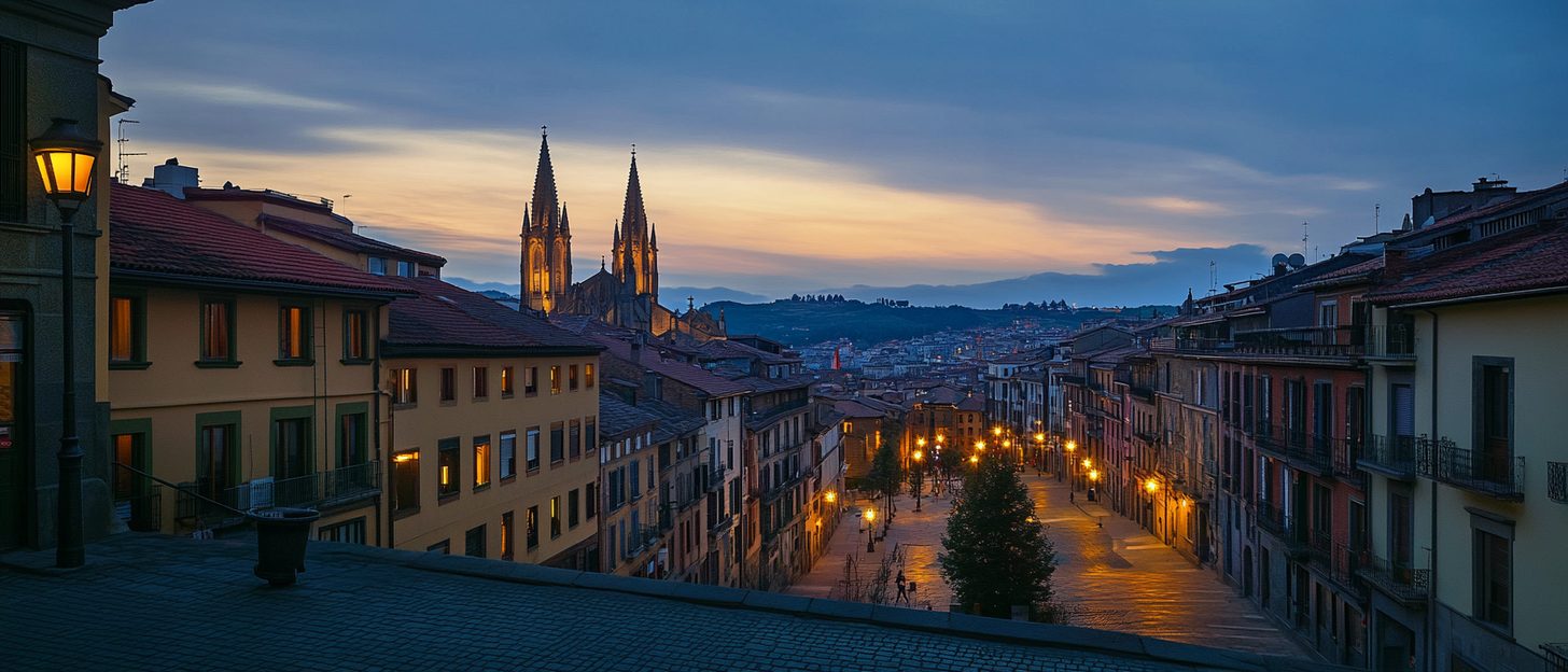 Vista panorámica del casco antiguo de Pamplona al atardecer