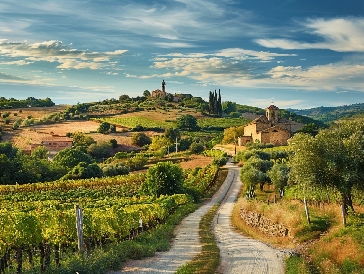 Pueblo con iglesia, viñedos y olivos en la Ribera de Navarra al sol del atardecer